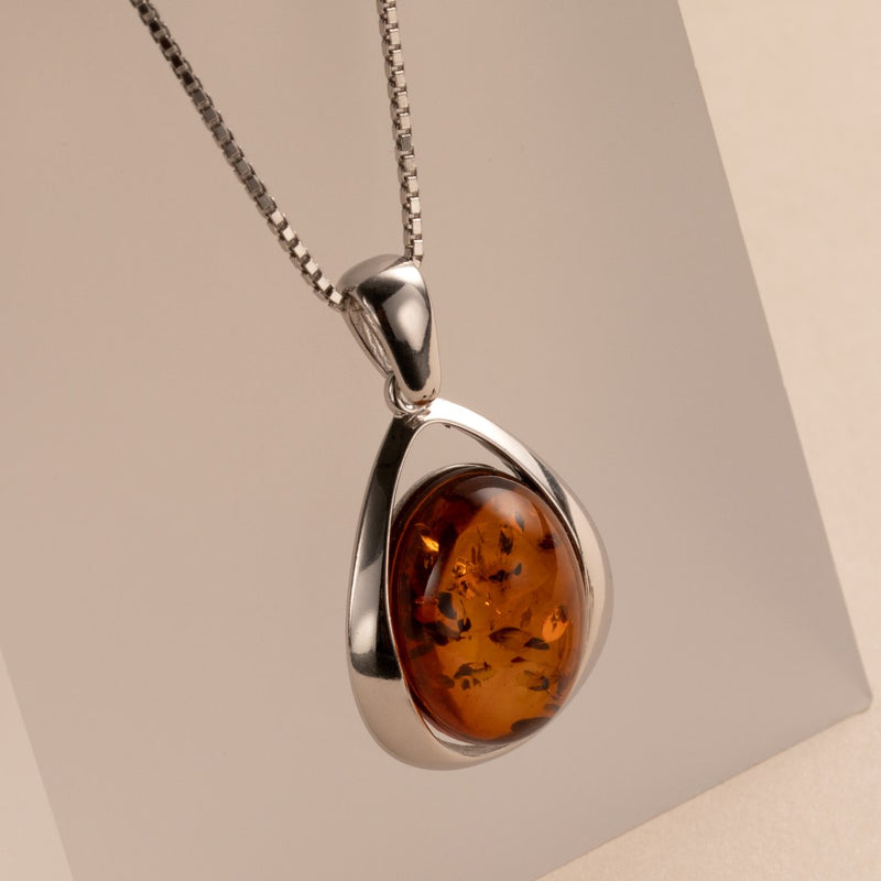 Baltic Amber Large Pendant Necklace Sterling Silver Cognac Oval