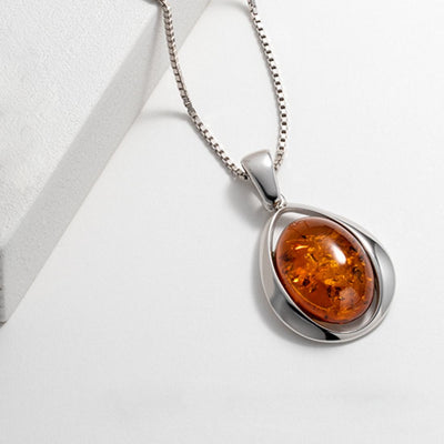 Baltic Amber Large Pendant Necklace Sterling Silver Cognac Oval