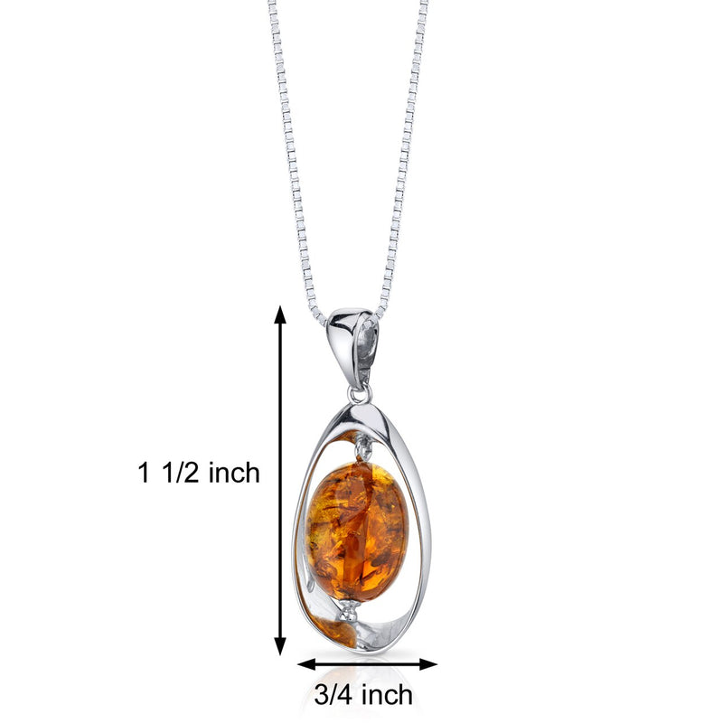 Baltic Amber Pendant Necklace Sterling Silver Cognac Color Large Oval