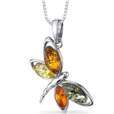 Baltic Amber Dragonfly Pendant Necklace Sterling Silver Multiple Colors