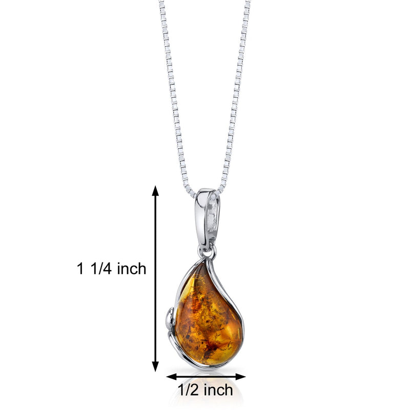 Baltic Amber Tear Drop Pendant Necklace Sterling Silver Cognac