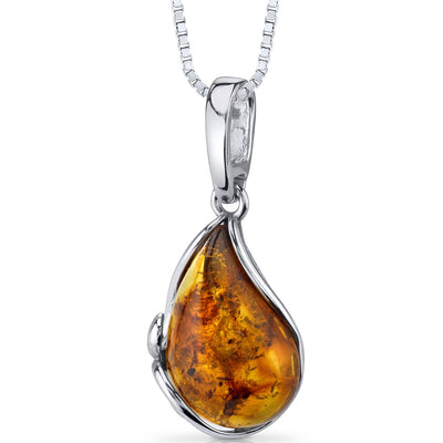 Baltic Amber Tear Drop Pendant Necklace Sterling Silver Cognac