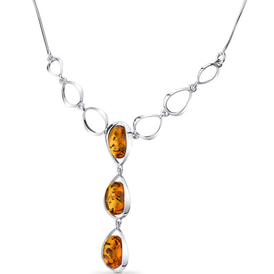 Three Stone Baltic Amber Necklace Sterling Silver Cognac Oval