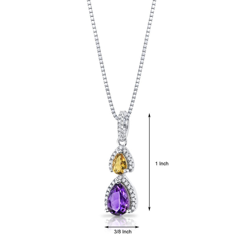 Amethyst and Citrine Open Halo Pendant Necklace Sterling Silver 2 Stone 1.25 Carats Total