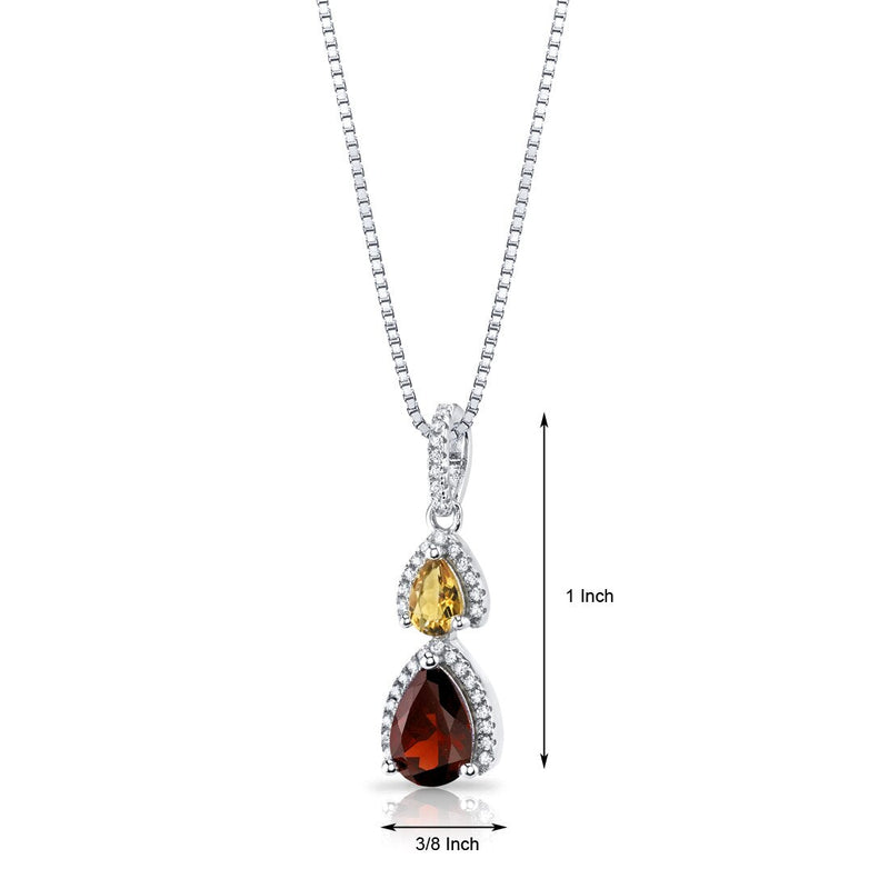 Garnet and Citrine Open Halo Pendant Necklace Sterling Silver 2 Stone 1.75 Carats Total