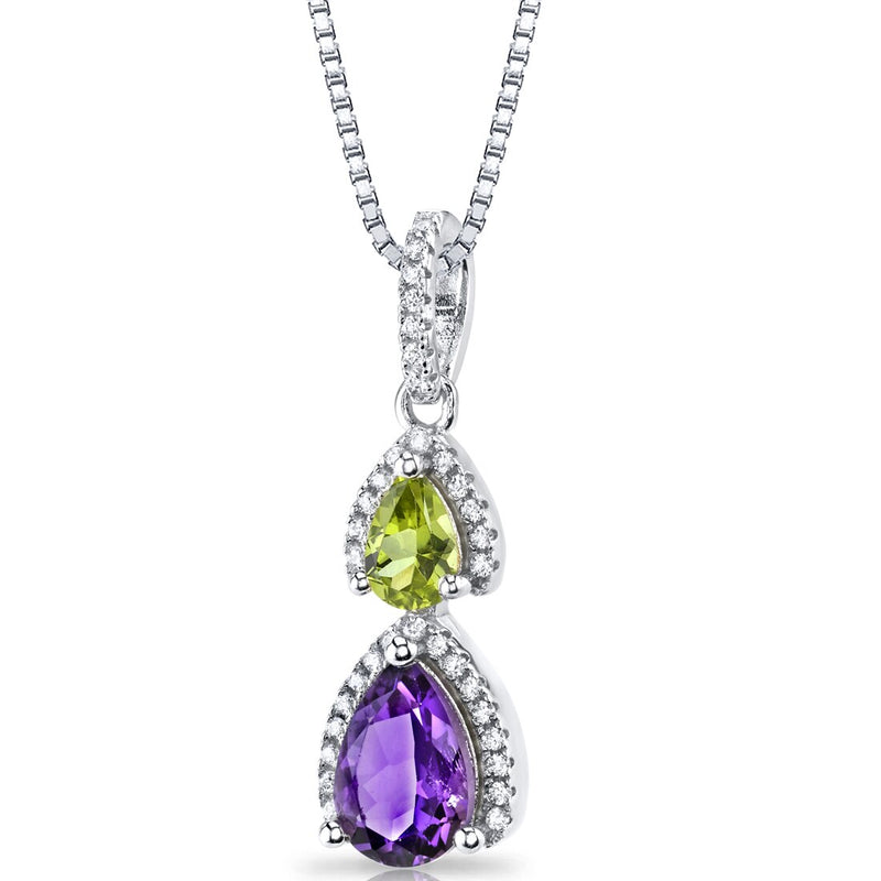 Amethyst and Peridot Open Halo Pendant Necklace Sterling Silver 2 Stone 1.50 Carats Total