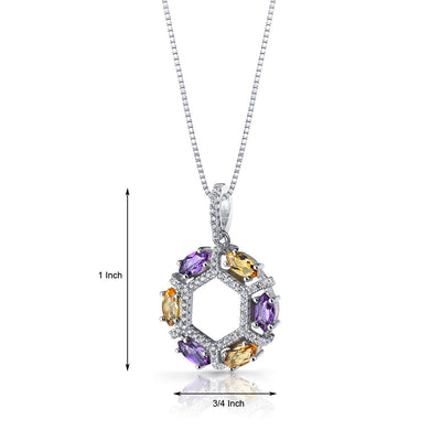 Amethyst and Citrine Hexagon Pendant Necklace Sterling Silver 1.2 Carats