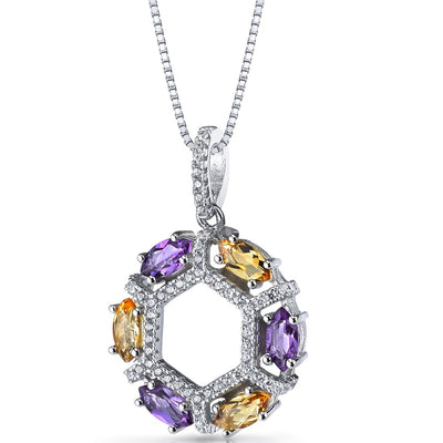 Amethyst and Citrine Hexagon Pendant Necklace Sterling Silver 1.2 Carats