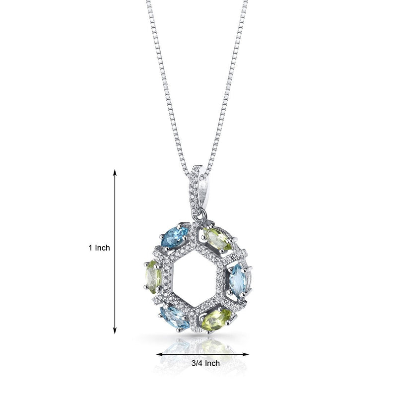 Swiss Blue Topaz and Peridot Hexagon Pendant Necklace Sterling Silver 1.5 Carats