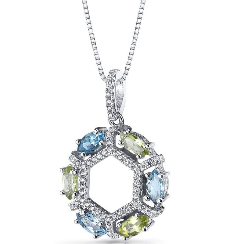 Swiss Blue Topaz and Peridot Hexagon Pendant Necklace Sterling Silver 1.5 Carats