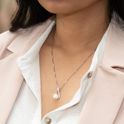 Freshwater Cultured 10mm White Pearl Dainty Pendant Necklace Rose Goldtone Sterling Silver