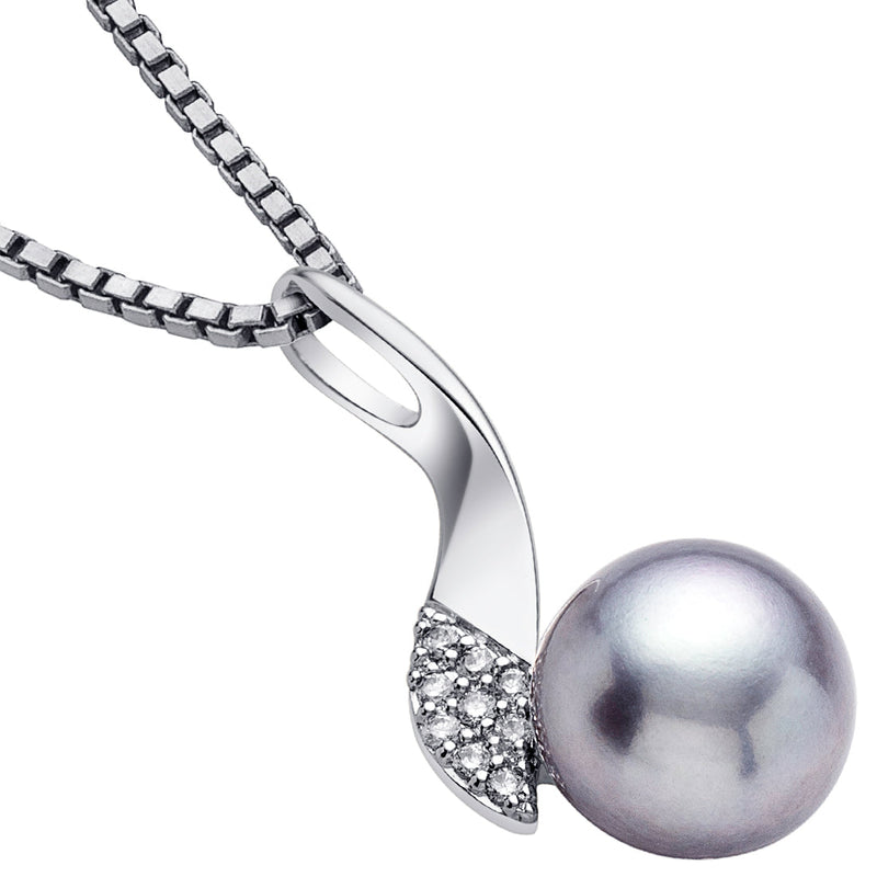 Freshwater Cultured 10mm Grey Pearl Swirl Drop Pendant Necklace Sterling Silver