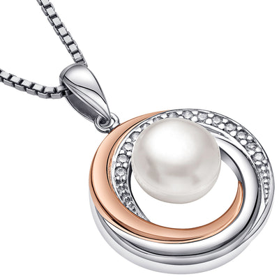 Freshwater Cultured 9mm White Pearl Halo Pendant Necklace Rose Gold-tone Sterling Silver