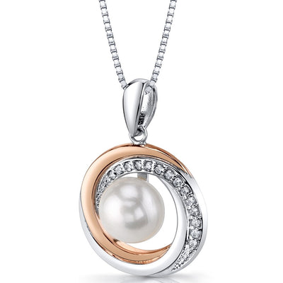 Freshwater Cultured 9mm White Pearl Halo Pendant Necklace Rose Gold-tone Sterling Silver