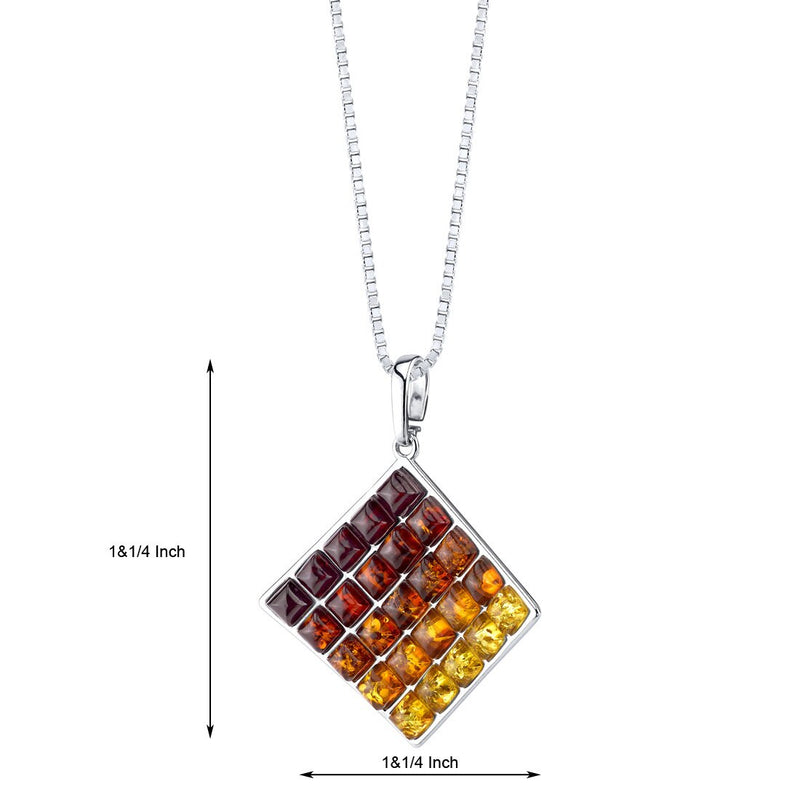 Baltic Amber Waffle Pattern Pendant Necklace Sterling Silver Multiple Color