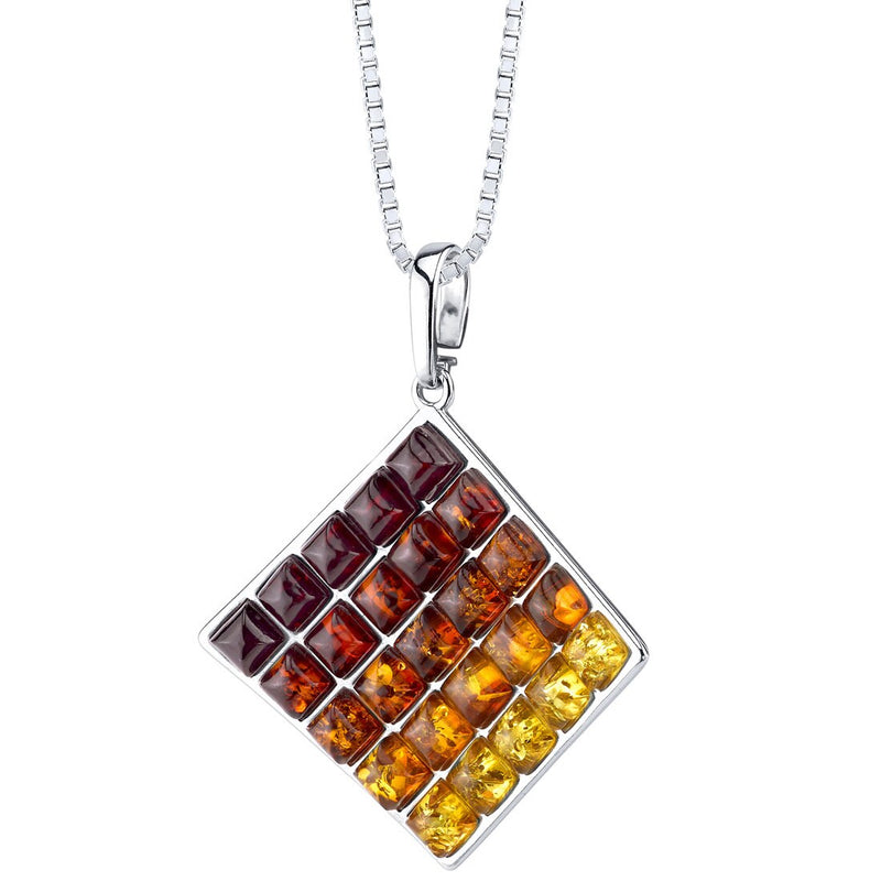 Baltic Amber Waffle Pattern Pendant Necklace Sterling Silver Multiple Color