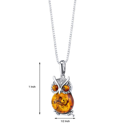 Baltic Amber Owl Pendant Necklace Sterling Silver Cognac  Color