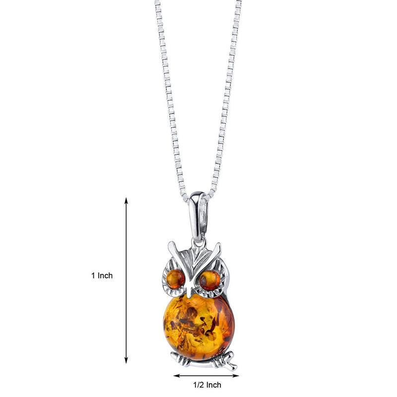 Baltic Amber Owl Pendant Necklace Sterling Silver Cognac  Color