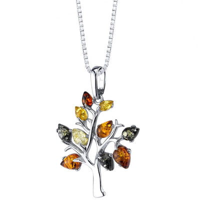 Baltic Amber Tree of Life Pendant Necklace Sterling Silver Multiple Colors