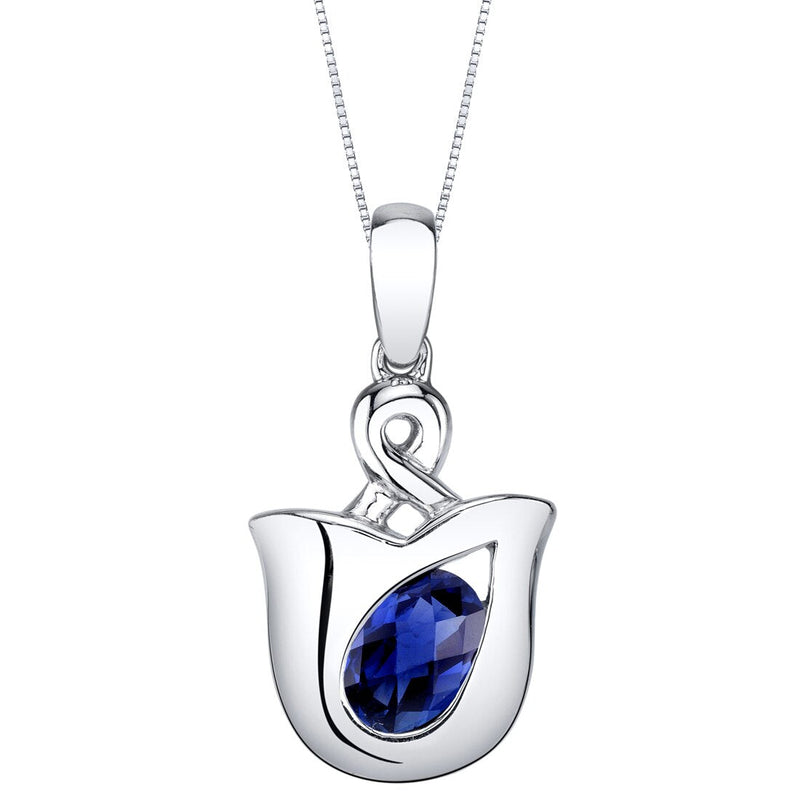 Created Blue Sapphire Sterling Silver Tulip Pendant Necklace