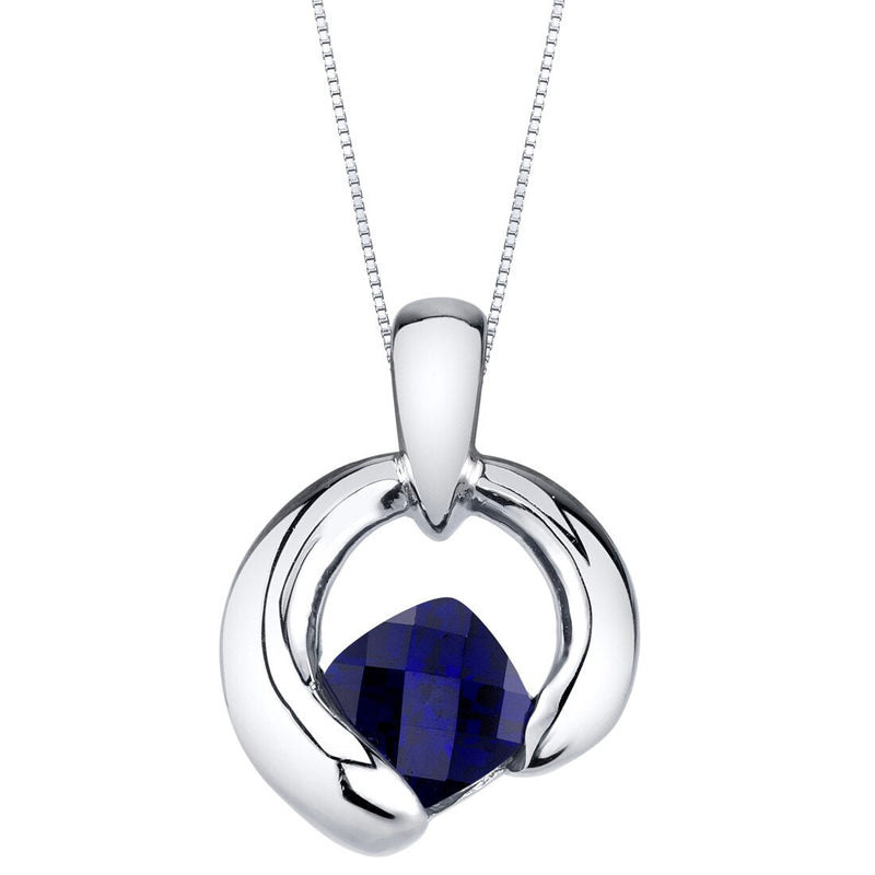 Created Blue Sapphire Sterling Silver Cushion Cut Orbit Pendant Necklace