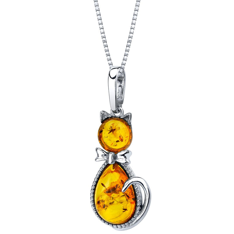 Baltic Amber Sterling Silver Cat Pendant Necklace Cognac Color