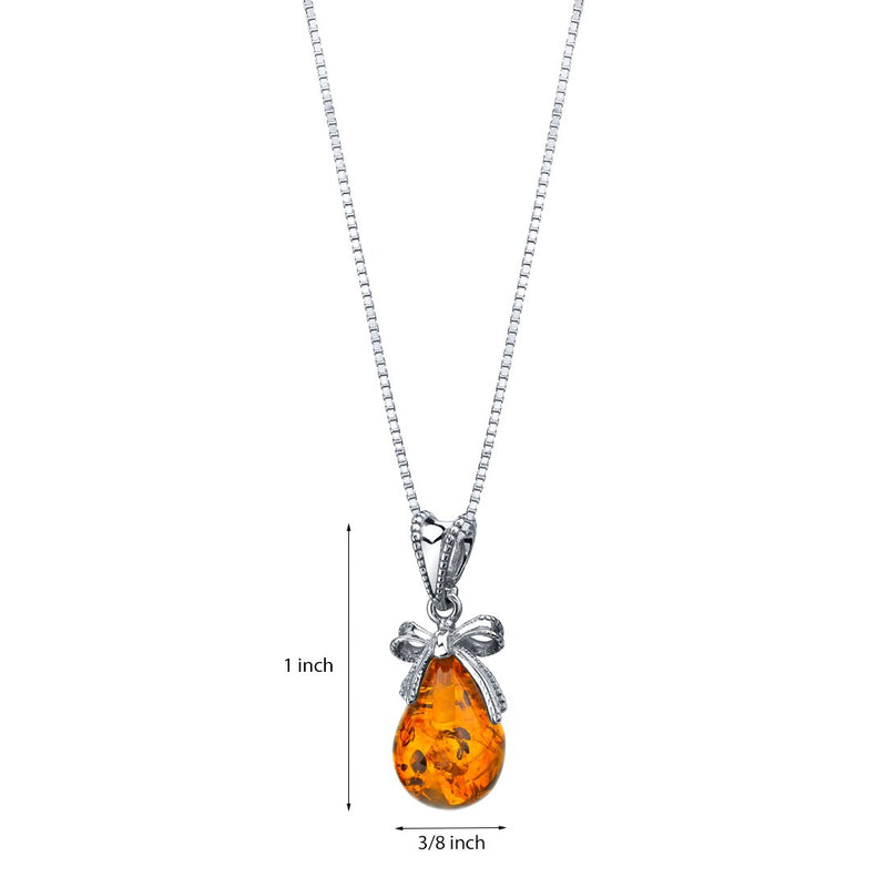 Baltic Amber Sterling Silver Bow Pendant Necklace Cognac Color