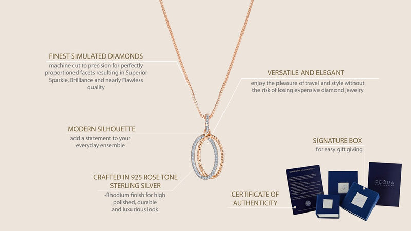 Sterling Silver Simulated Diamonds Twisted Oval Rose Tone Pendant Sp11982 infographic with additional information