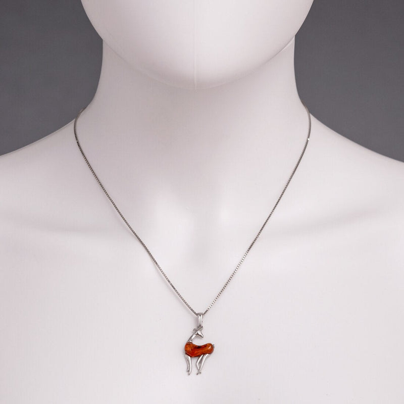 Baltic Amber Deer Pendant Necklace Sterling Silver