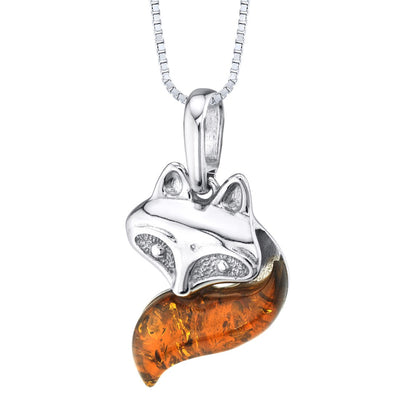 Baltic Amber Fox Pendant Necklace Sterling Silver