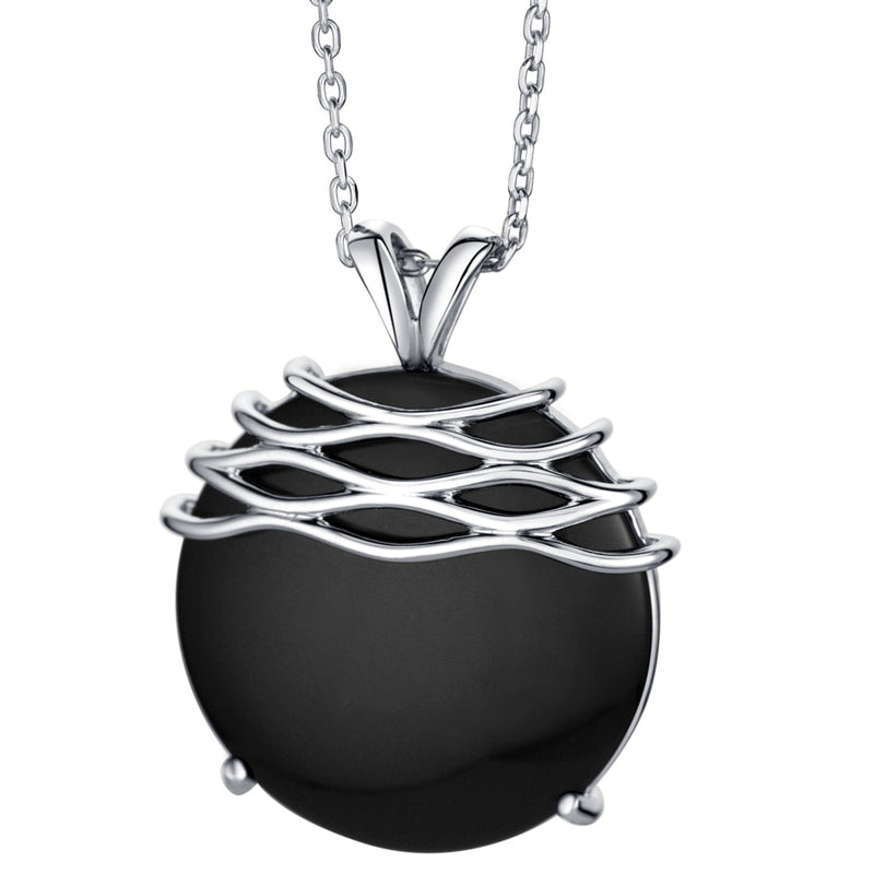 Sterling Silver Round Black Onyx Waves Pendant