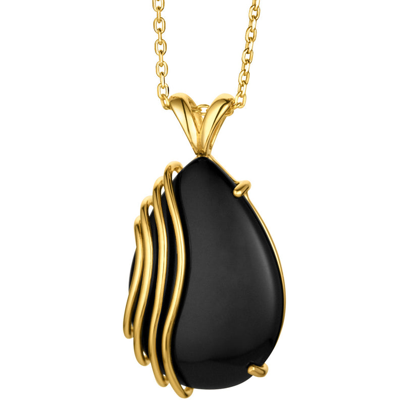 Yellow-Tone Sterling Silver Teardrop Black Onyx Waves Pendant