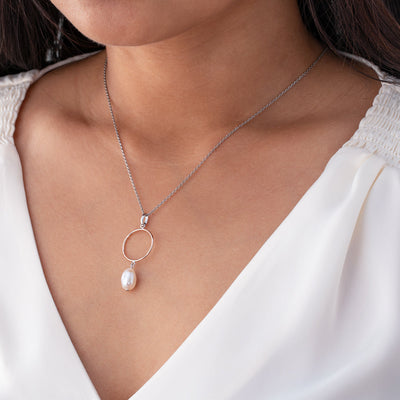 Freshwater Cultured Pearl Ring Drop Pendant in Rose-Tone Sterling Silver with 17" Chain + 3" extender on a model