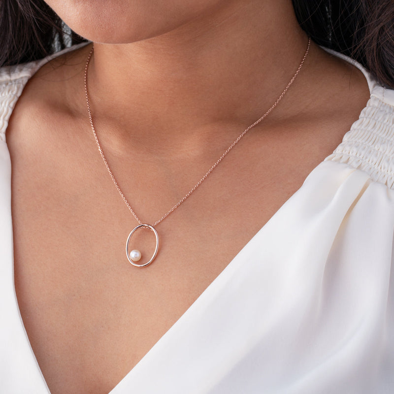 Freshwater Cultured Pearl Gravity Circle Pendant in Rose-Tone Sterling Silver with 17" Chain + 3" extender on a model