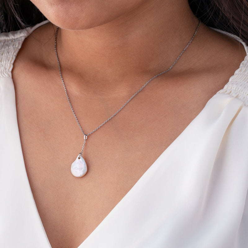 Freshwater Cultured Pearl Swing Pendant in Sterling Silver with 17" Chain + 3" extender on a model