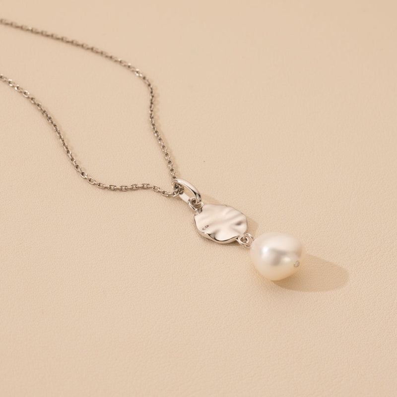 Freshwater Cultured Pearl Dainty Disc Charm Pendant in Sterling Silver with 17" Chain + 3" extender alternate view, side view