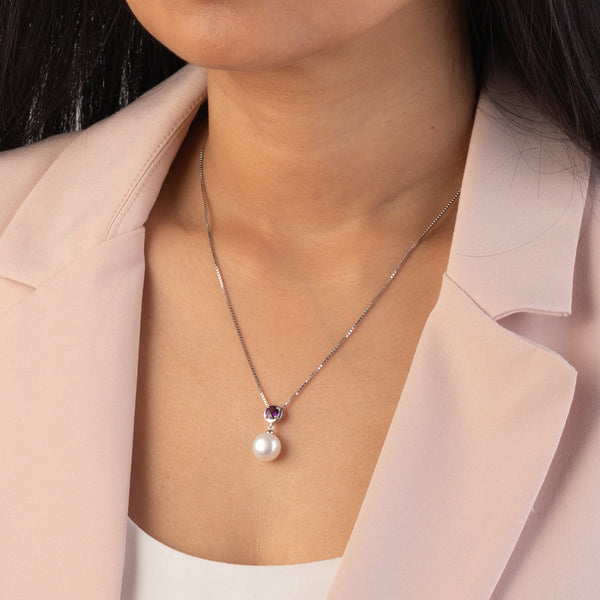 Pearl Pendant with February Amethyst Birthstone