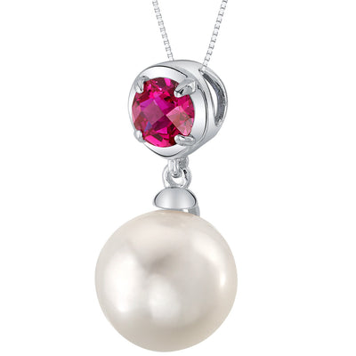 10mm Freshwater Cultured Pearl & Created Ruby Necklace in Sterling Silver