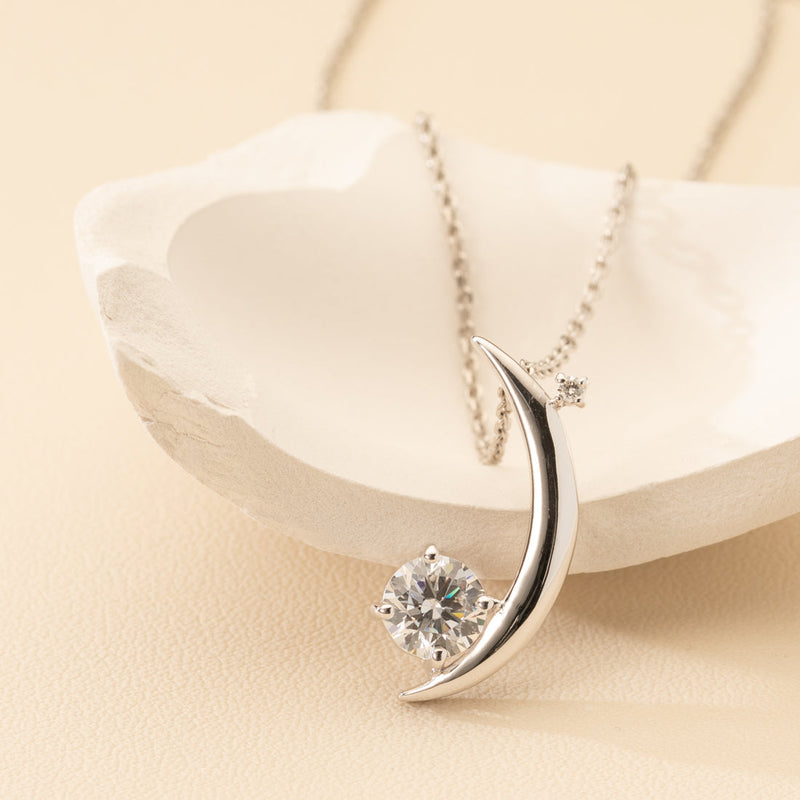 Peora crescent moon pendant necklace sterling silver with lab grown diamond crescent