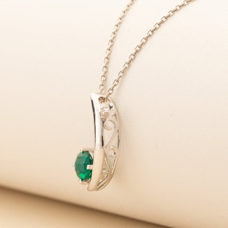 Peora green emerald crescent moon pendant necklace sterling silver with lab grown diamond crescent