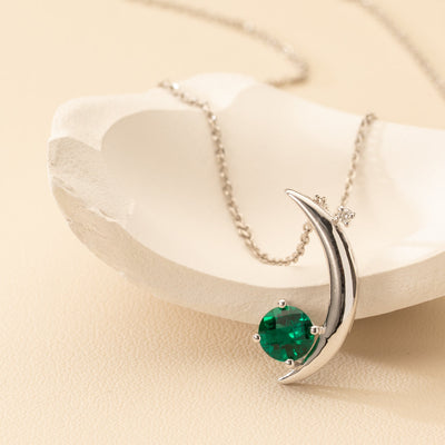 Peora green emerald crescent moon pendant necklace sterling silver with lab grown diamond crescent