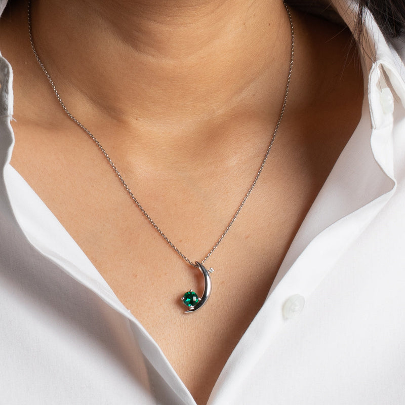 Peora green emerald crescent moon pendant necklace sterling silver with lab grown diamond crescent