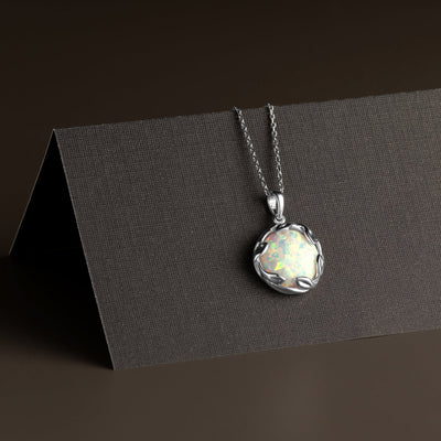 Created White Fire Opal Pendant Necklace in Sterling Silver, 3 Carats