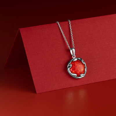 Created Red Fire Opal Pendant Necklace in Sterling Silver, 3 Carats