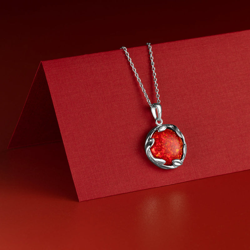 Created Red Fire Opal Pendant Necklace in Sterling Silver, 3 Carats