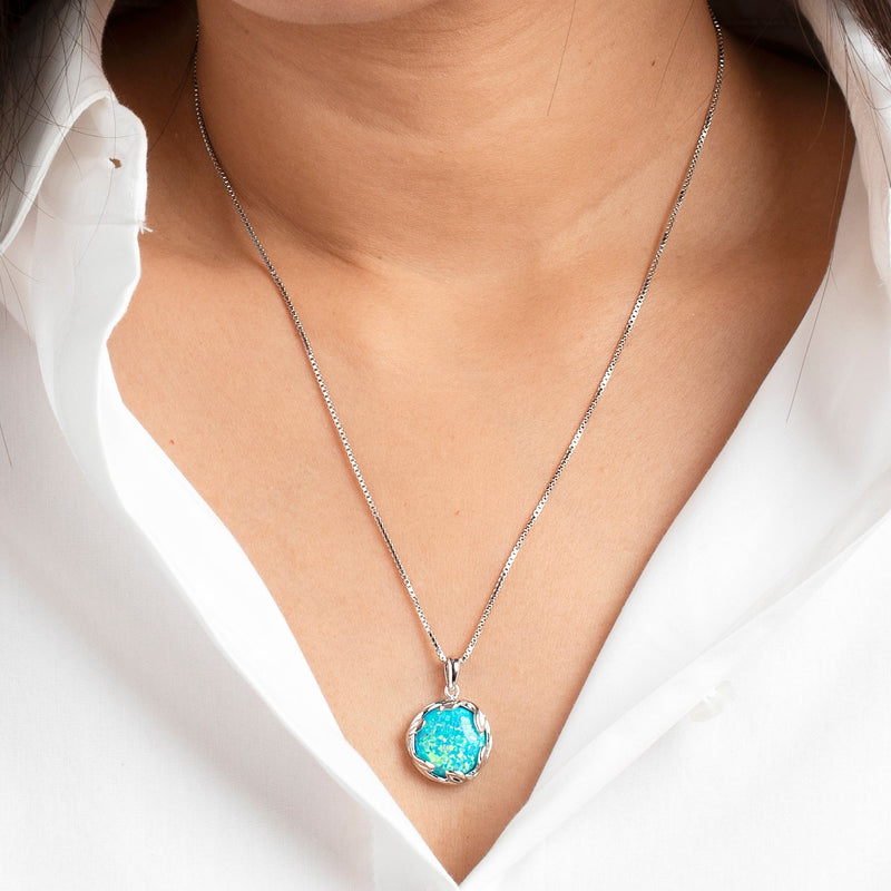 Created Teal Fire Opal Pendant Necklace in Sterling Silver, 3 Carats