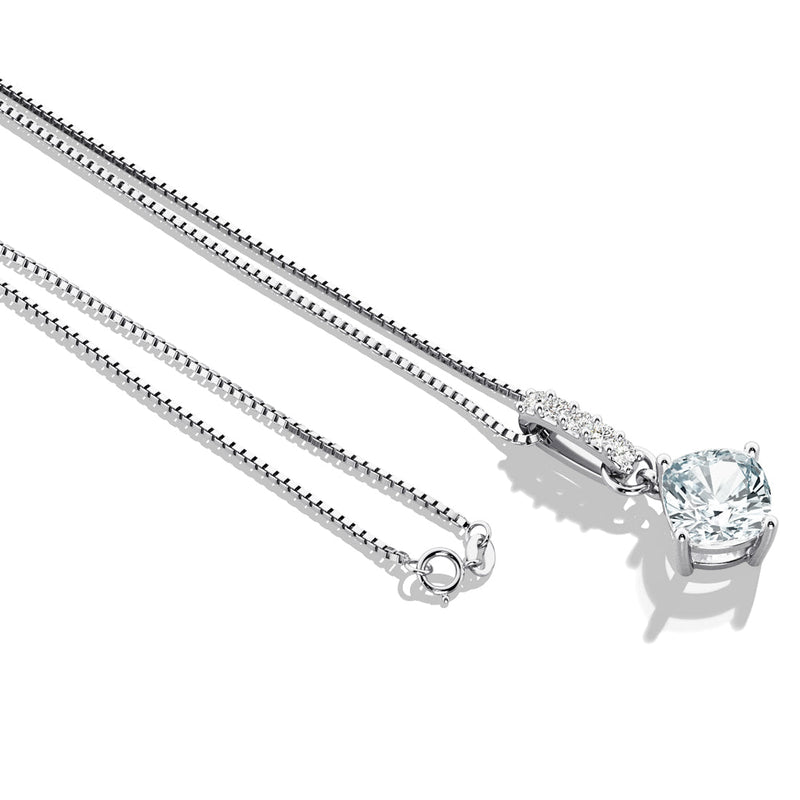 Aquamarine and Lab Grown Diamond Bar Drop Pendant Necklace in Sterling Silver, 0.80 Carat total Cushion Cut