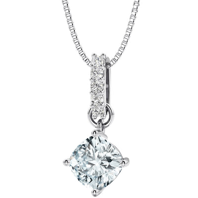 Aquamarine and Lab Grown Diamond Bar Drop Pendant Necklace in Sterling Silver, 0.80 Carat total Cushion Cut