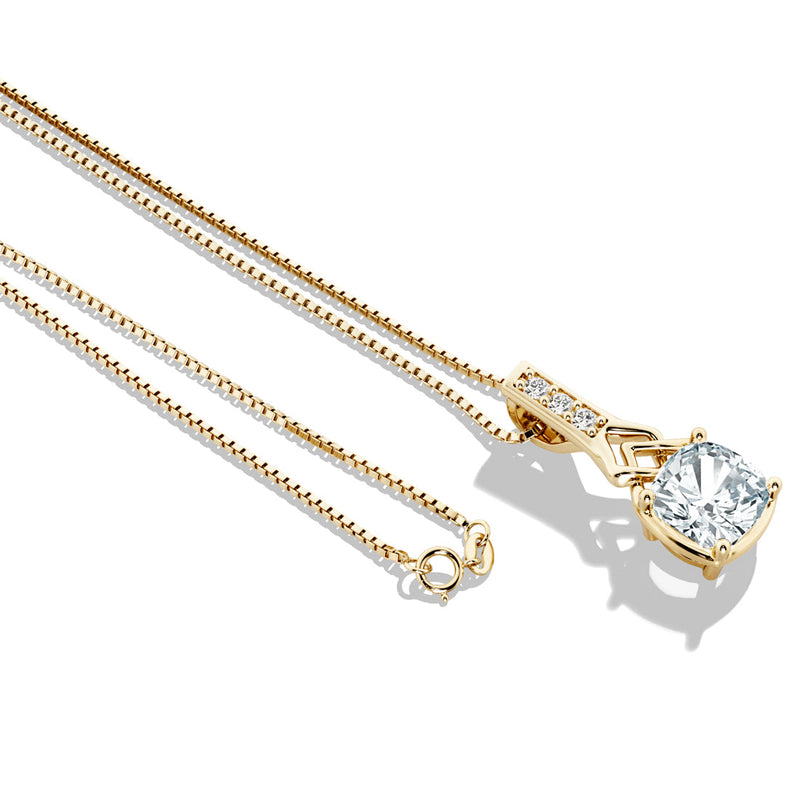 Aquamarine and Lab Grown Diamond Cathedral Drop Pendant Necklace in 14K Yellow Gold Plated Sterling Silver, 0.75 Carat total Cushion Cut