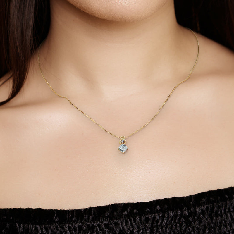 Aquamarine and Lab Grown Diamond Infinity Pendant Necklace in 14K Yellow Gold Sterling Silver, 0.75 Carat total Cushion Cut